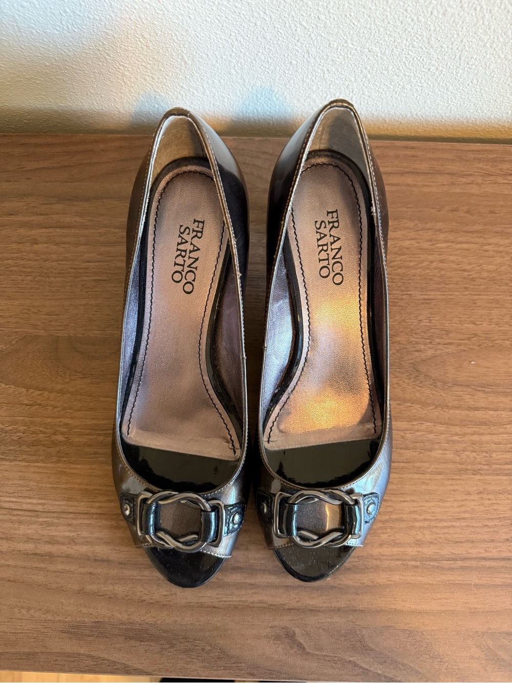 Franco Sarto Black Patent Leather Peep-Toe Heels with Buckle